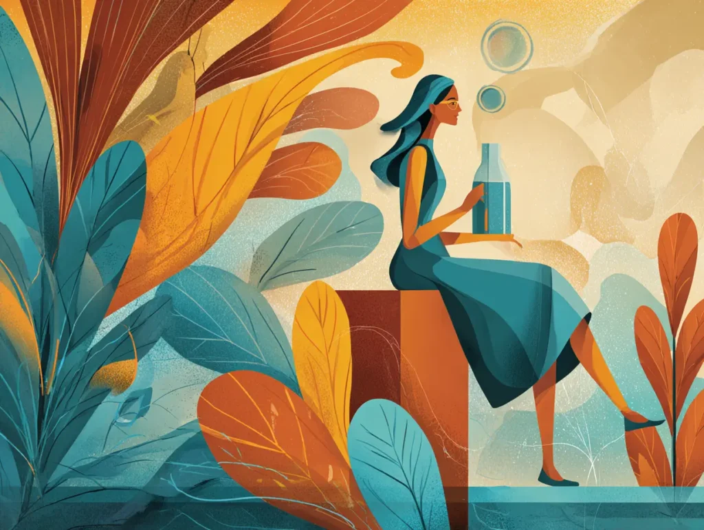 Stylized woman with bottle surrounded by colourful tropical plants