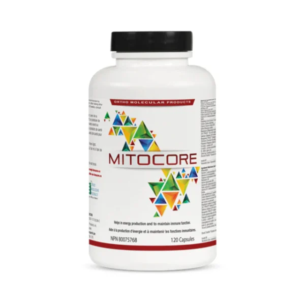 MitoCore supplement bottle with colourful triangle design pattern