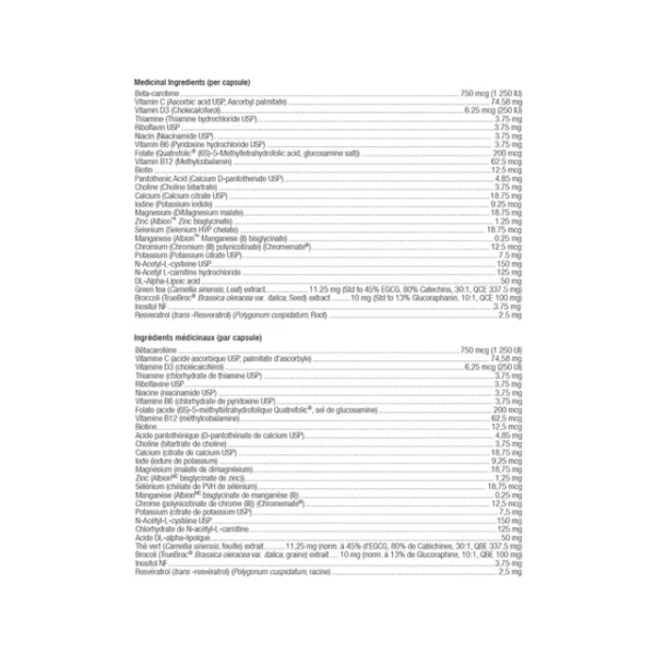Vitamin supplement ingredients list in English and French